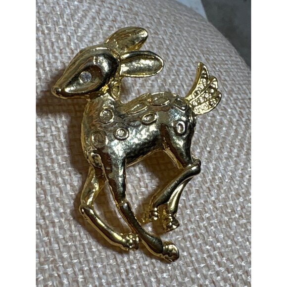 Deer Brooch Pin Animal Jewelry Vintage Gold Tone Bambi Fawn Rhinestone 1.5" - Picture 4 of 7